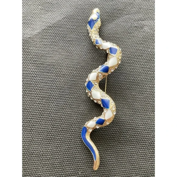 Vintage Gold Tone Snake Brooch Pin Blue White Enamel Rhinestones - Picture 7 of 8